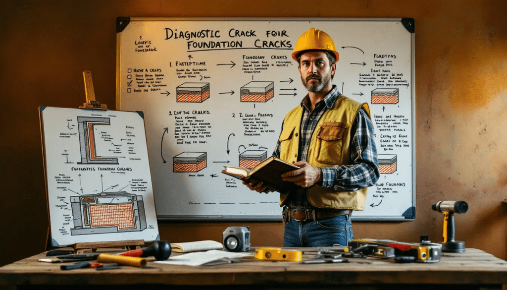 Diagnostic des fissures de fondation avec des outils d'inspection.
