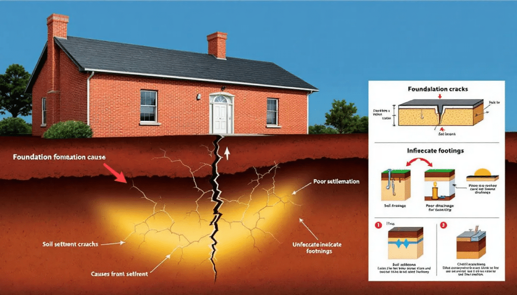 Illustration des fissures de fondation dans un bâtiment.